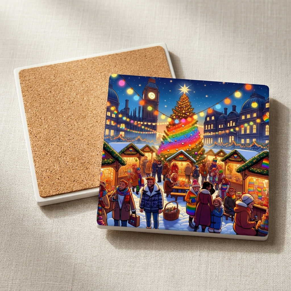 Rainbow Christmas Market ceramic coasters set of 4, cork back