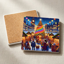 Rainbow Christmas Market ceramic coasters set of 4, cork back