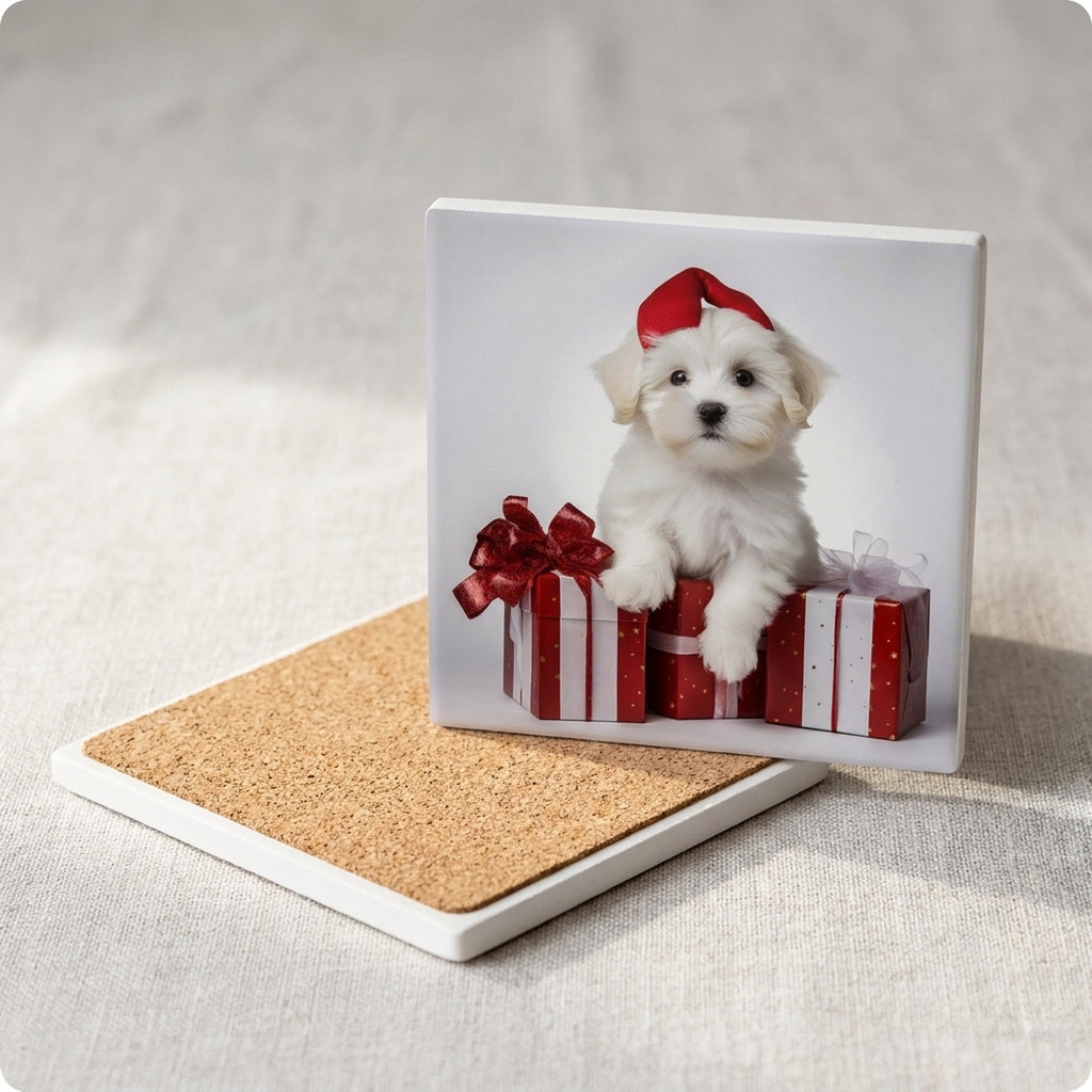 Coton de Tulear Puppy ceramic coasters set of 4, cork back