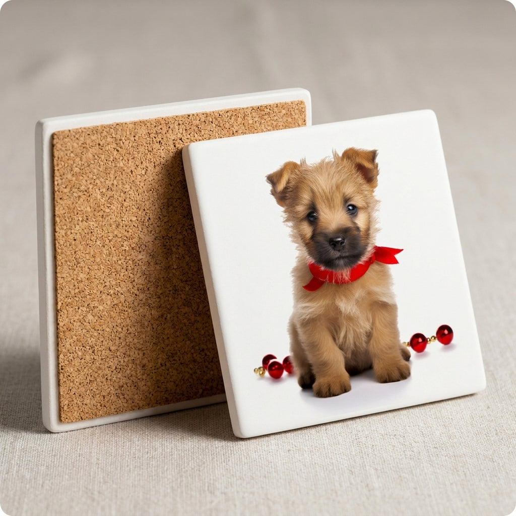 Norwich Terrier Puppy ceramic coasters set of 4, cork back