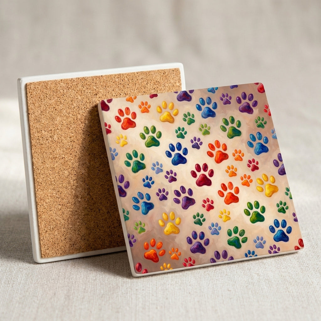 Colorful Paw Prints ceramic coasters set of 4, cork back