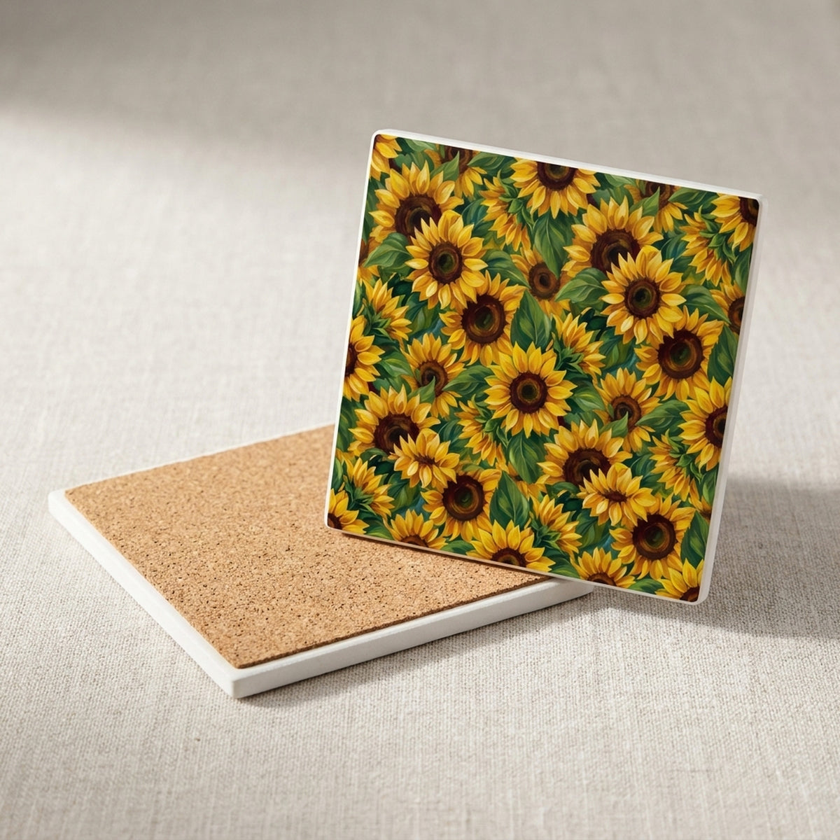 Sunflower Field ceramic coasters set of 4, cork back