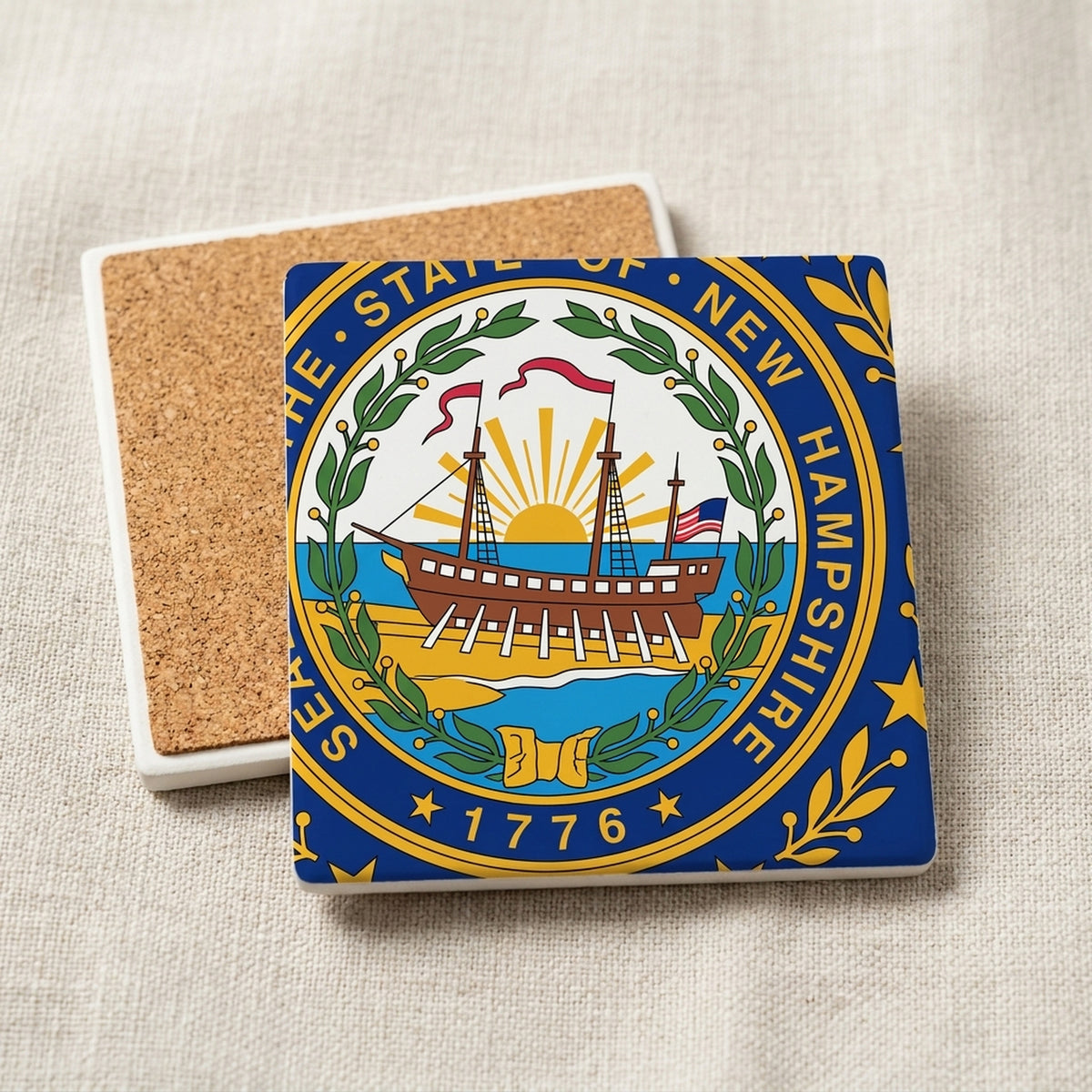 New Hampshire State Flag ceramic coasters set of 4, cork back