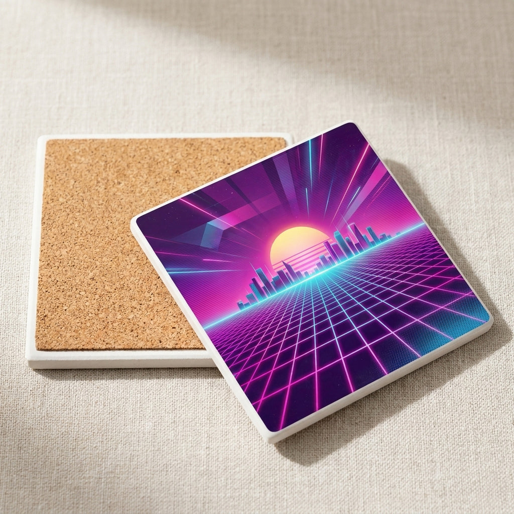80s Neon Grid ceramic coasters set of 4, cork back