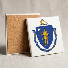 Massachusetts State Flag ceramic coasters set of 4, cork back