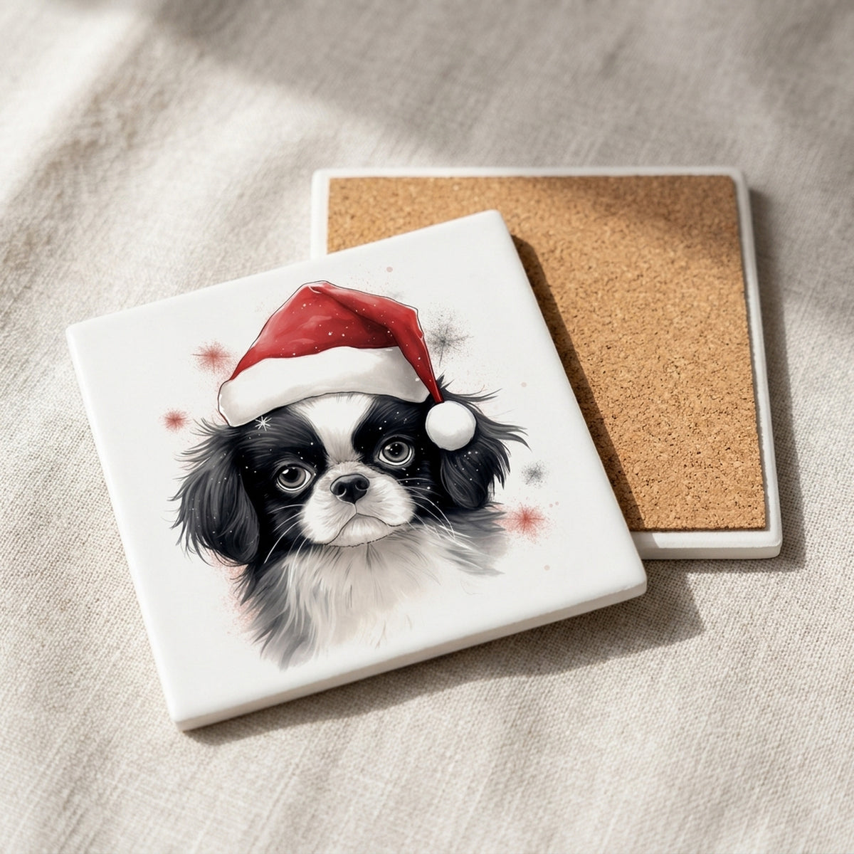 Japanese Chin Puppy Drawing ceramic coasters set of 4, cork back