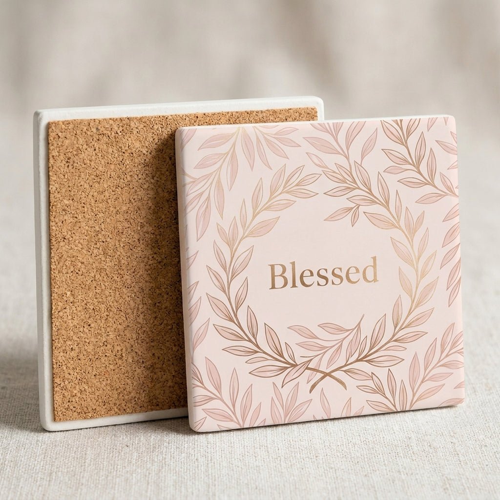 Blessed Script ceramic coasters set of 4, cork back