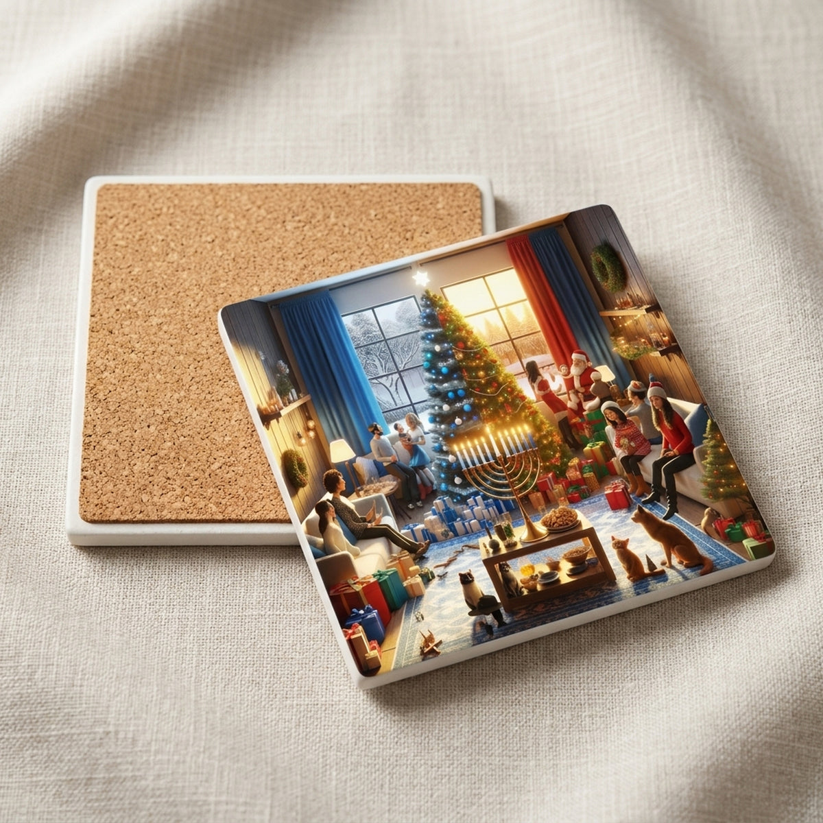 Holiday Harmony Gathering ceramic coasters set of 4, cork back