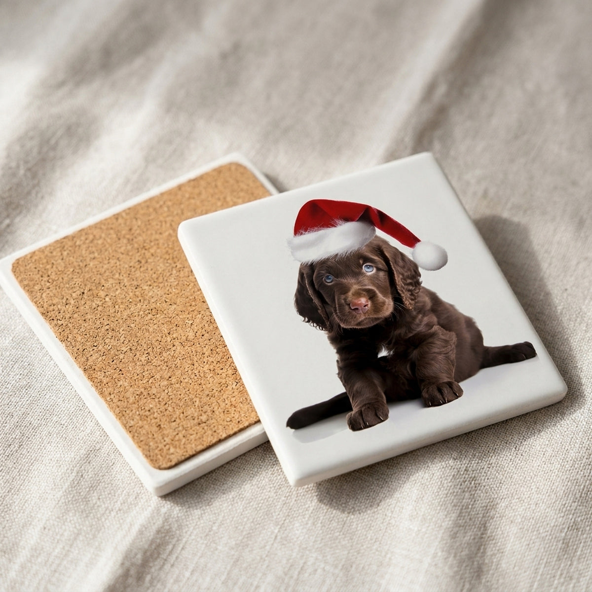 American Water Spaniel Puppy ceramic coasters set of 4, cork back