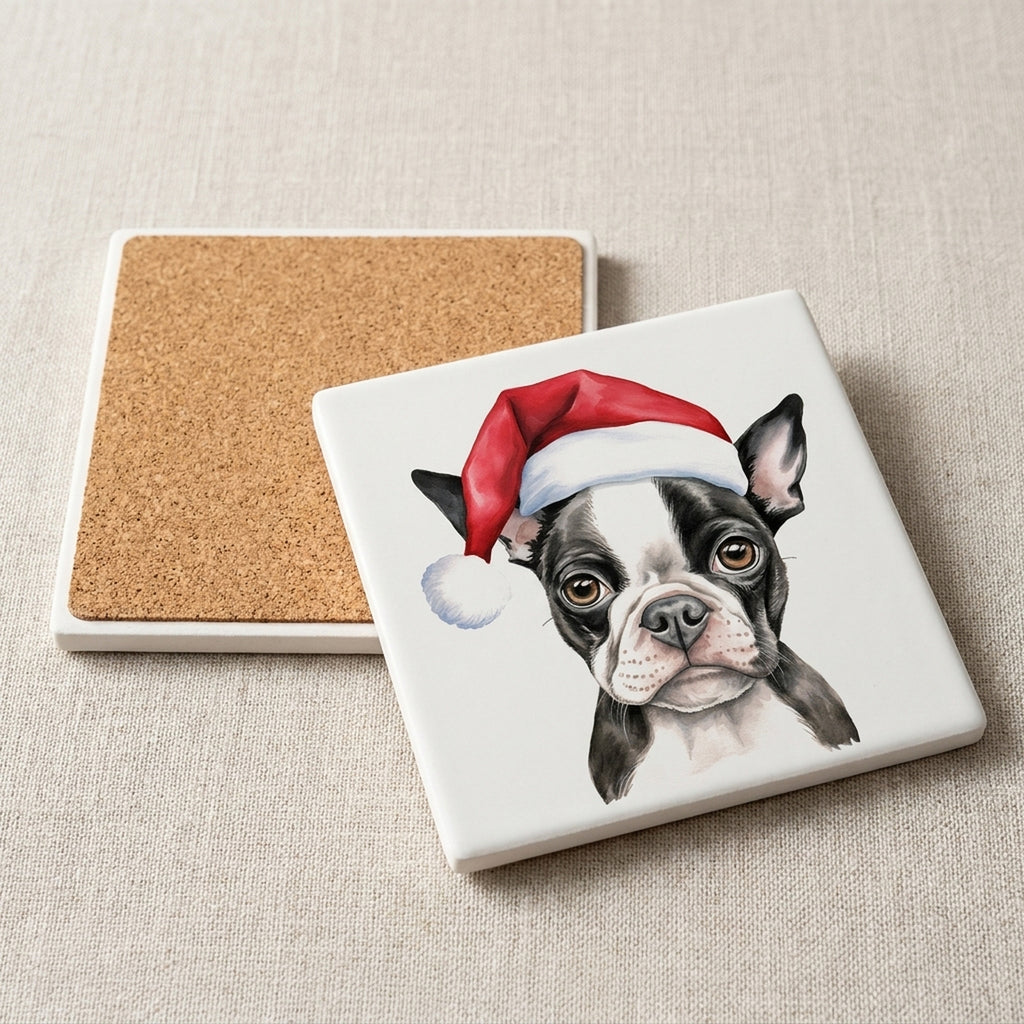 Boston Terrier Puppy Drawing ceramic coasters set of 4, cork back