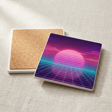 Vaporwave Sunset ceramic coasters set of 4, cork back