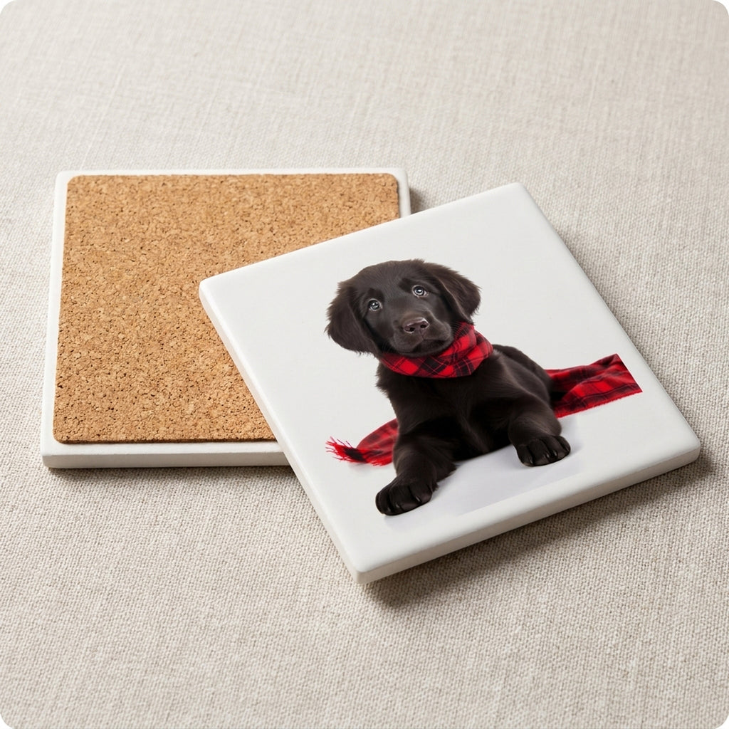 Flat-Coated Retriever Puppy ceramic coasters set of 4, cork back