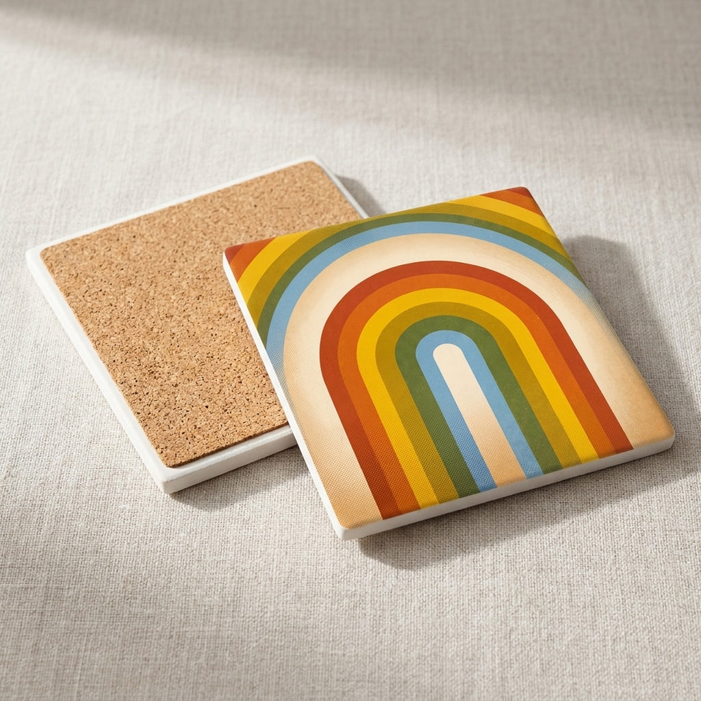 Retro Rainbow Stripes ceramic coasters set of 4, cork back