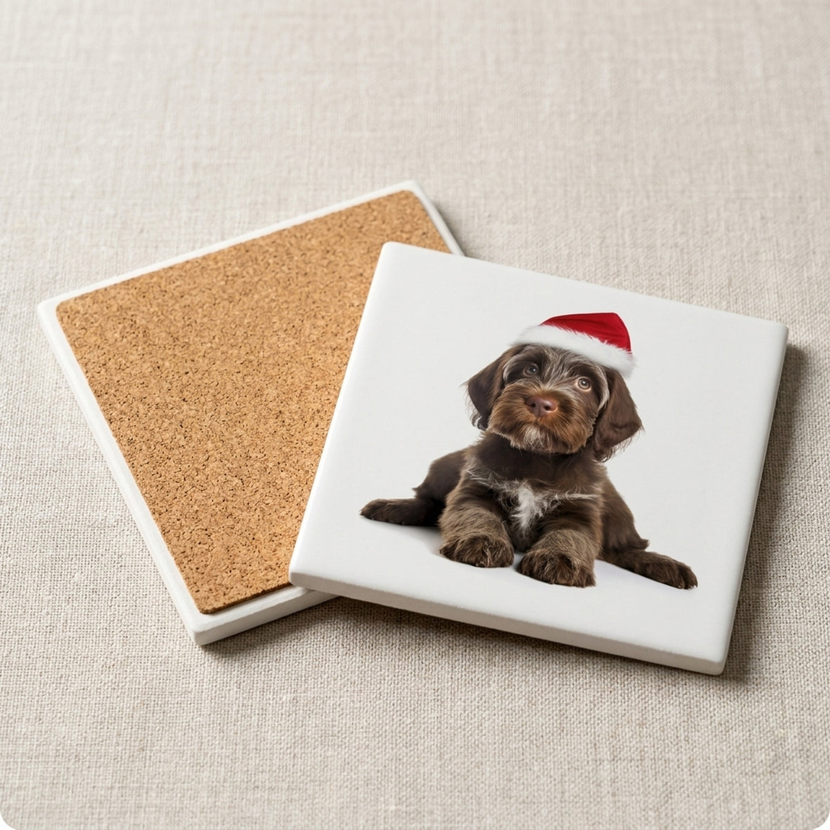 Wirehaired Pointing Griffon Puppy ceramic coasters set of 4, cork back