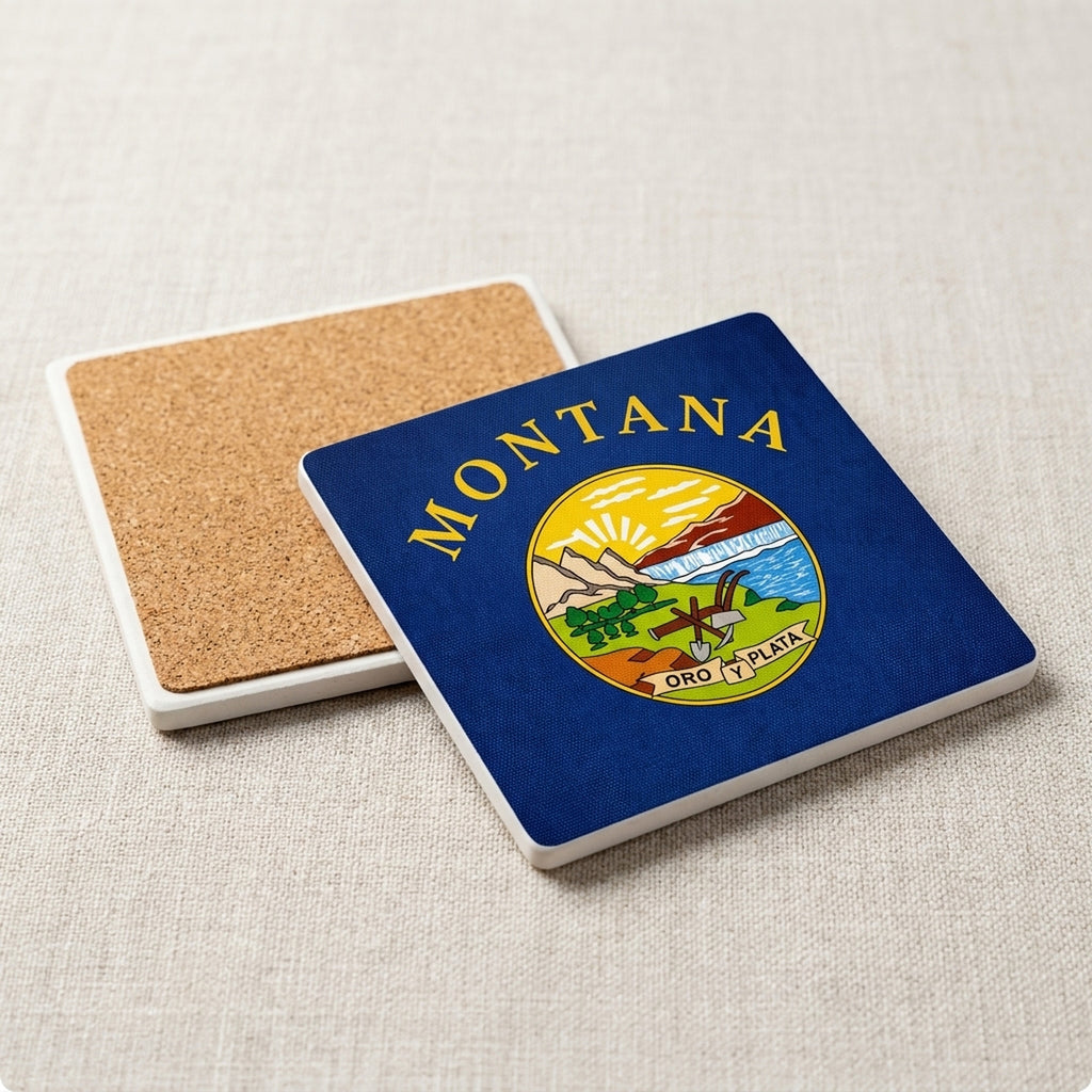 Montana State Flag ceramic coasters set of 4, cork back