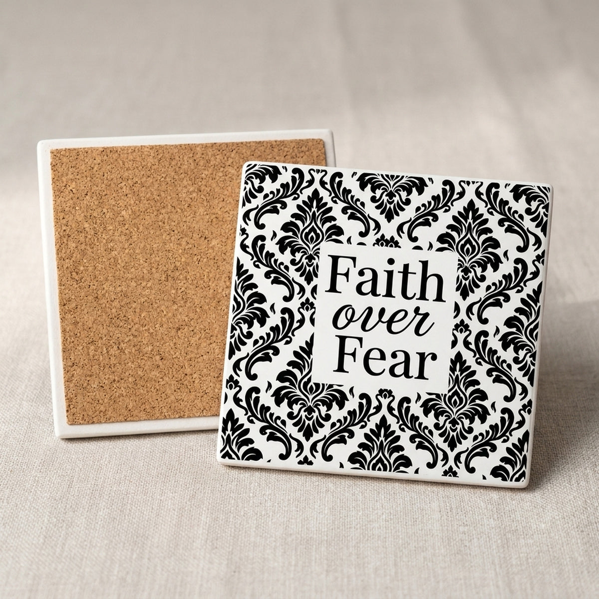 Faith Over Fear ceramic coasters set of 4, cork back