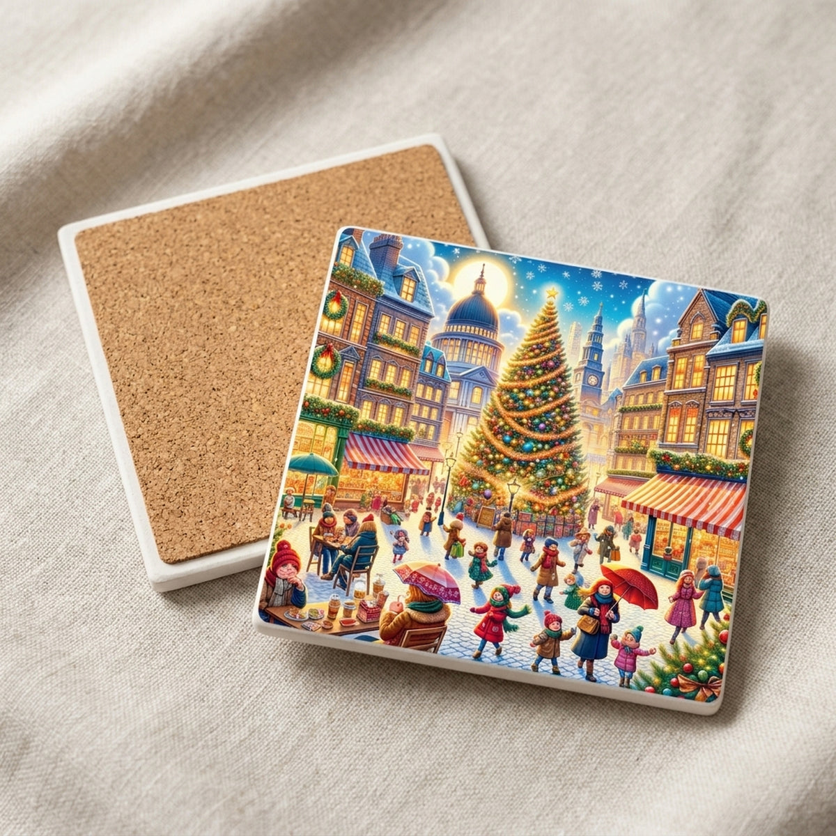 Holiday Town Square ceramic coasters set of 4, cork back