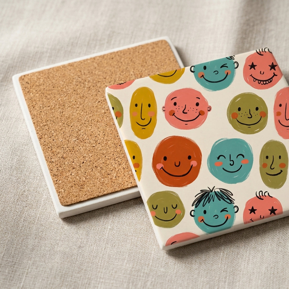 Smiley Face ceramic coasters set of 4, cork back