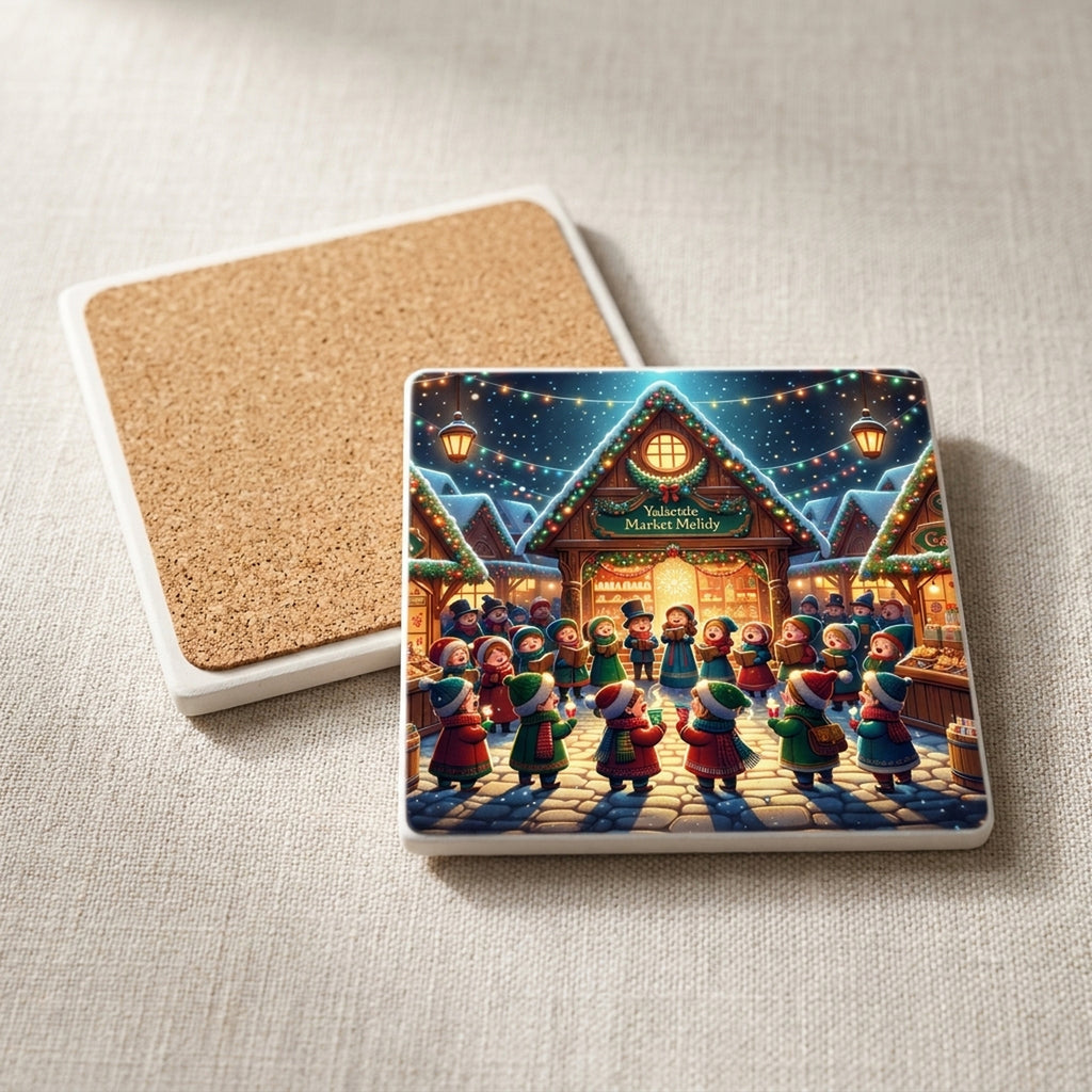 Christmas Market Carolers ceramic coasters set of 4, cork back