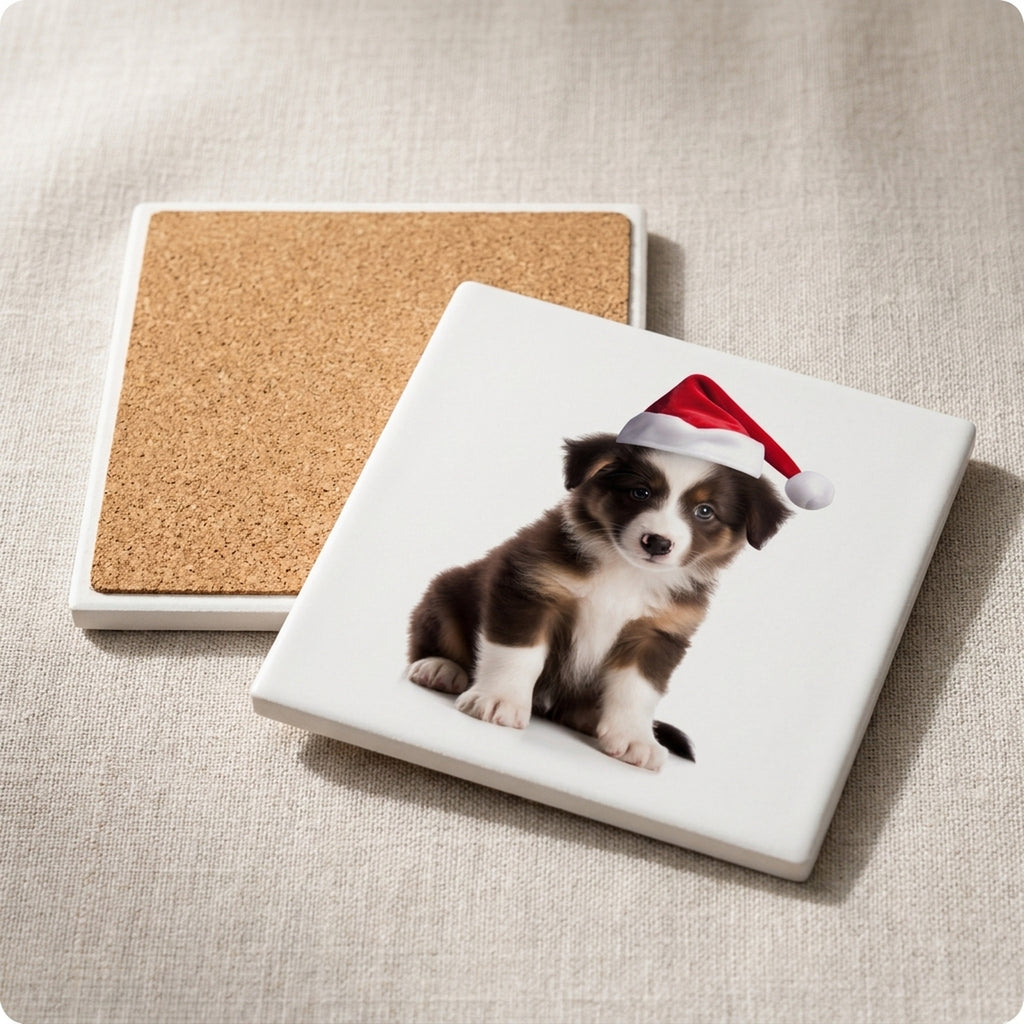 Collie Puppy ceramic coasters set of 4, cork back