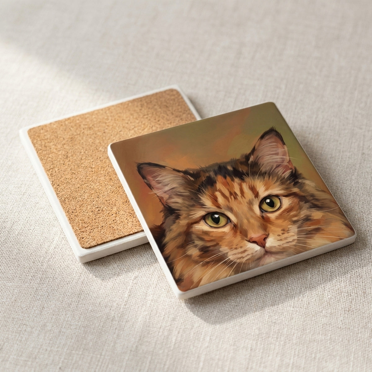 Calico Cat Portrait ceramic coasters set of 4, cork back