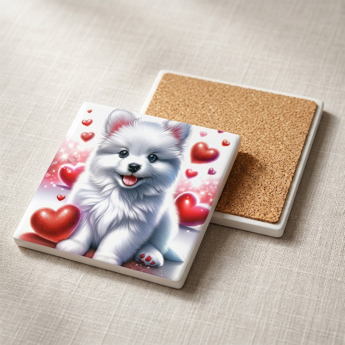 Pomeranian ceramic coasters set of 4, cork back