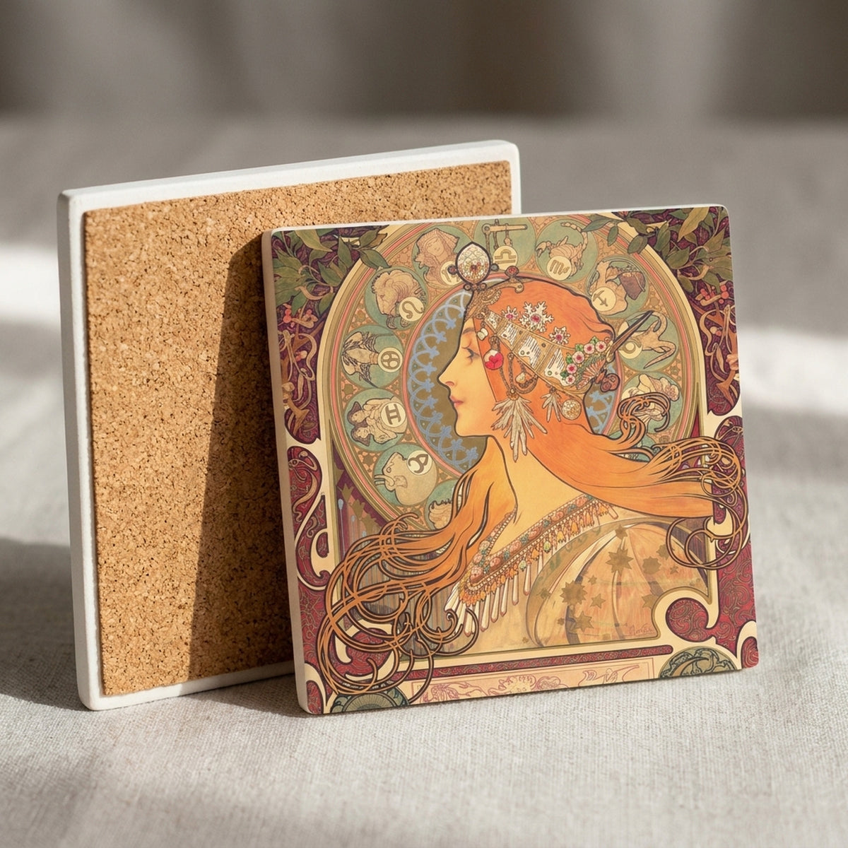 Mucha Art Nouveau ceramic coasters set of 4, cork back
