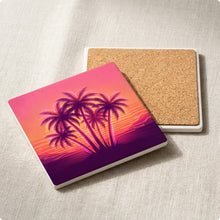 Neon Palm Sunset ceramic coasters set of 4, cork back