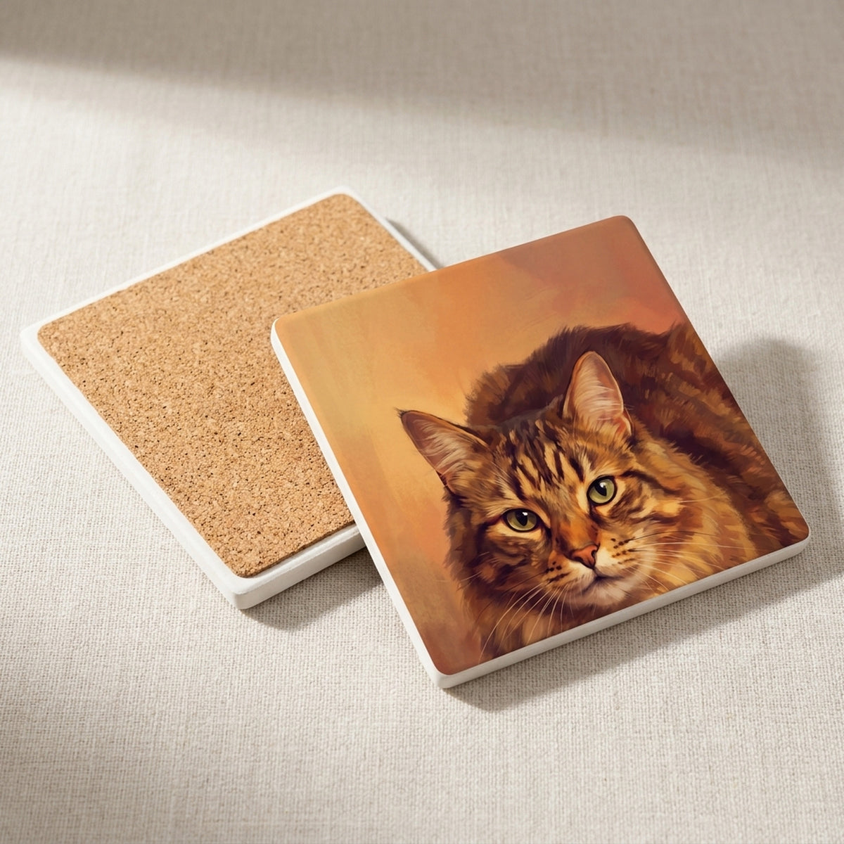 Tabby Cat Portrait ceramic coasters set of 4, cork back