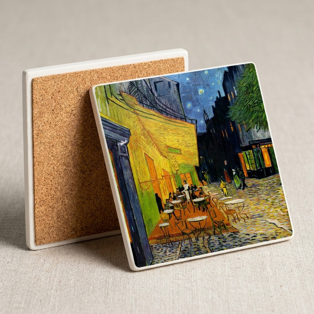 Cafe Terrace At Night ceramic coasters set of 4, cork back