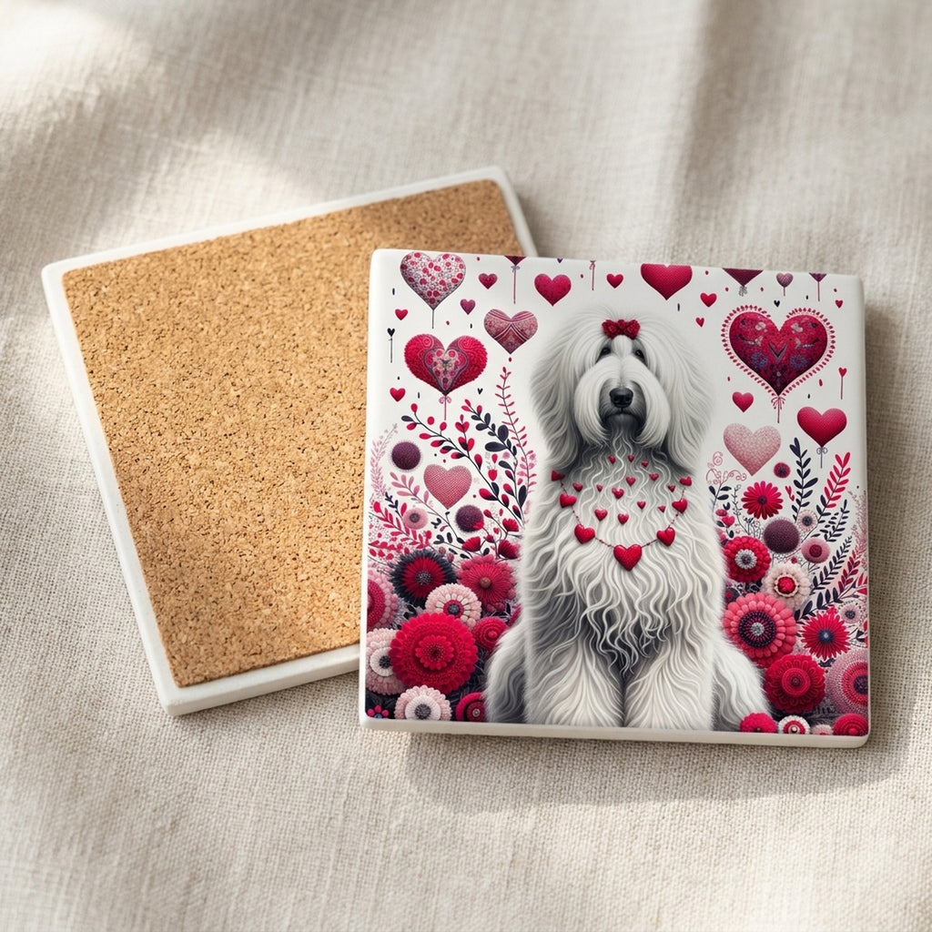 Old English Sheepdog ceramic coasters set of 4, cork back