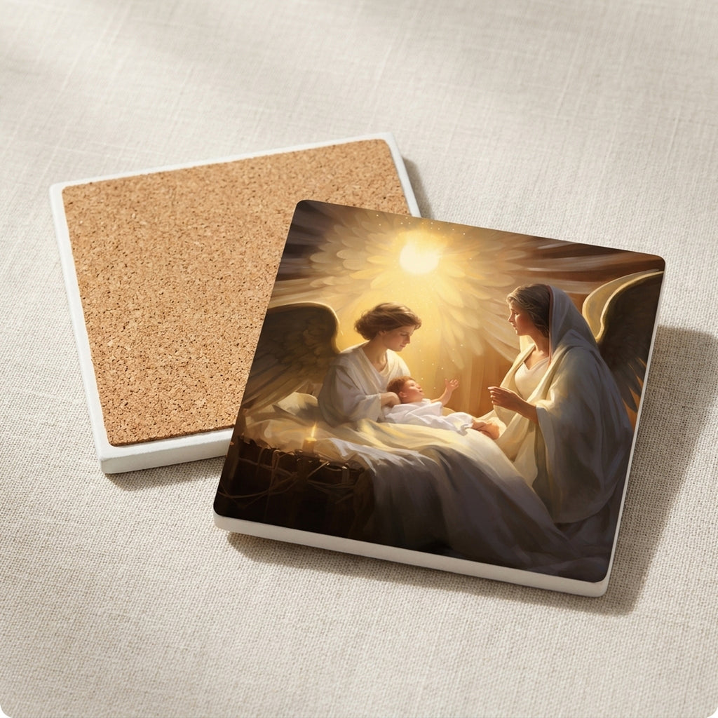 Golden Nativity Angels ceramic coasters set of 4, cork back