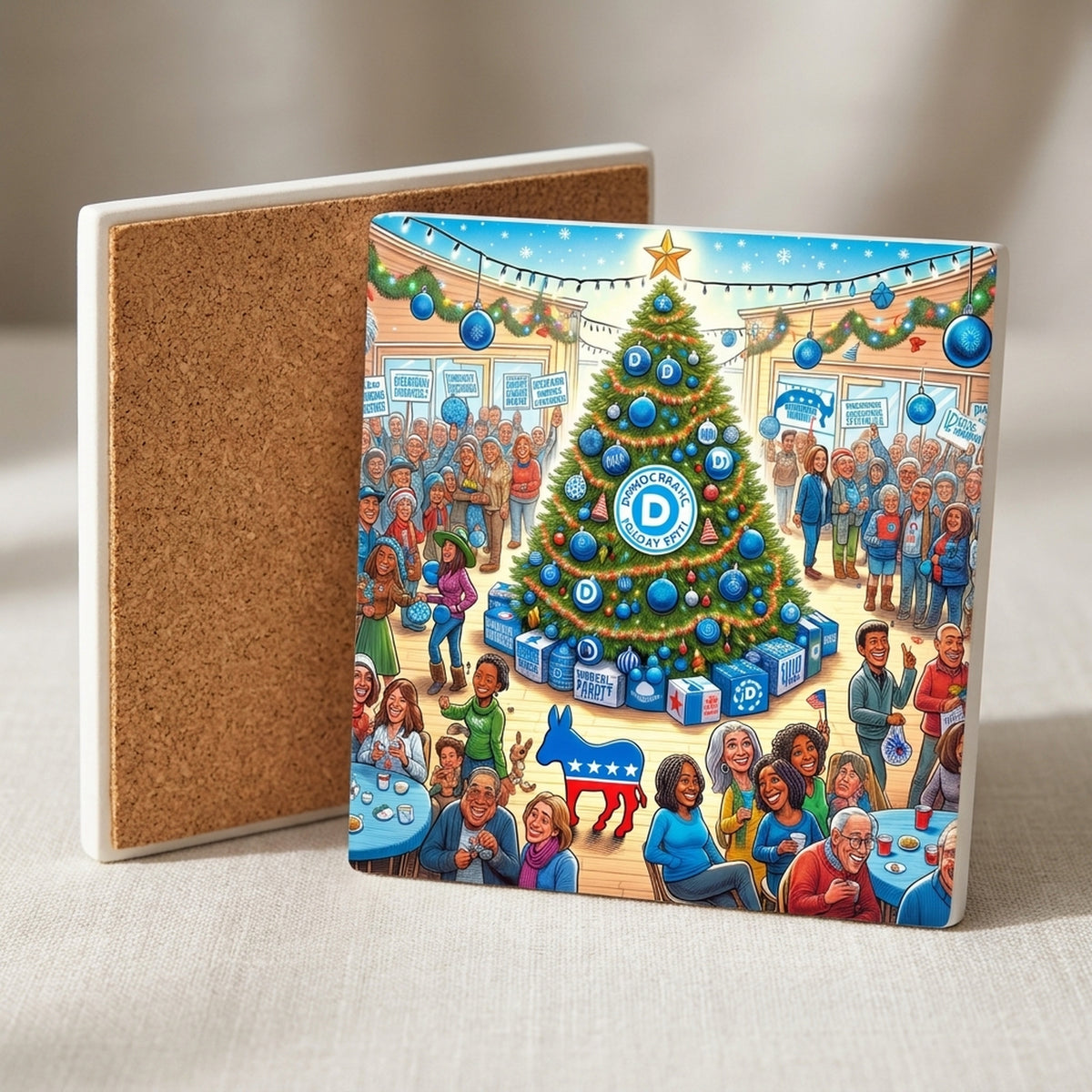 Blue Democratic Christmas ceramic coasters set of 4, cork back