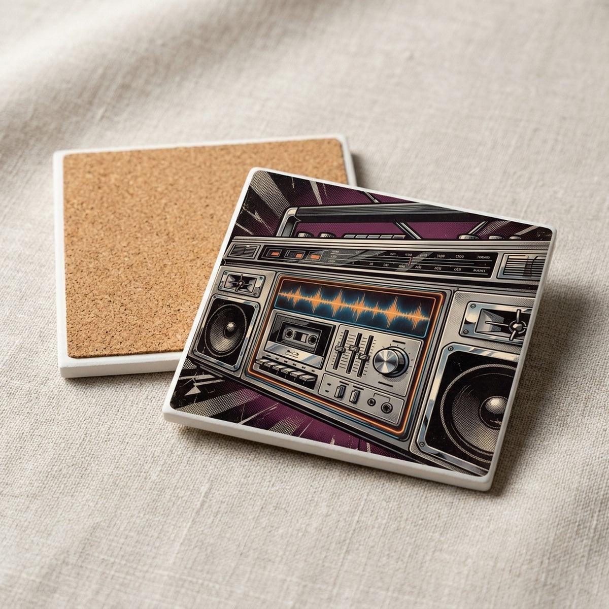 Boombox ceramic coasters set of 4, cork back
