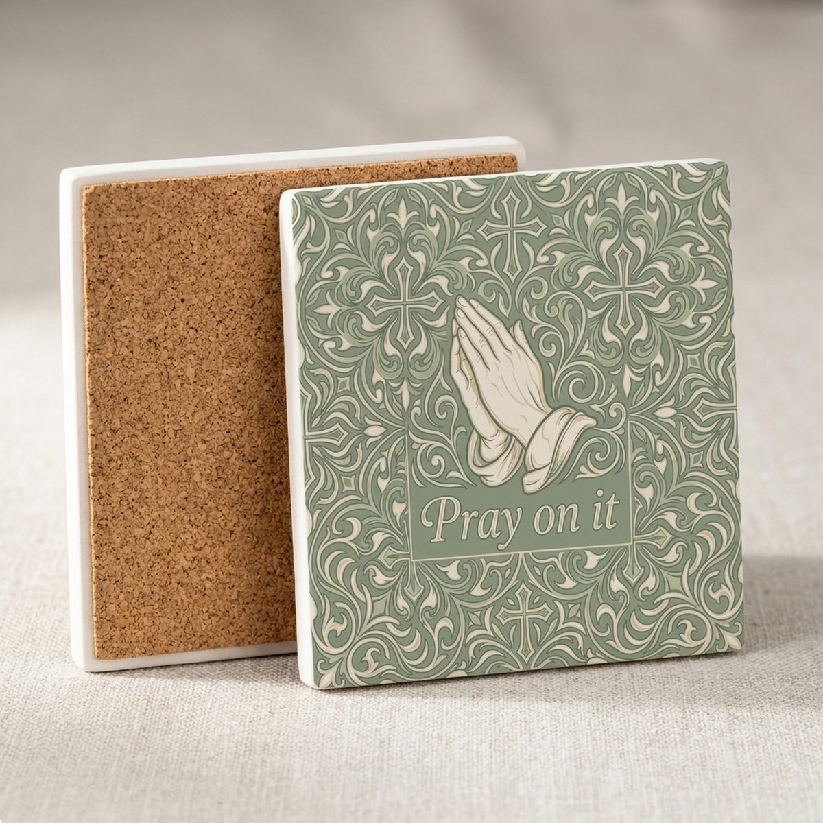 Pray On It ceramic coasters set of 4, cork back