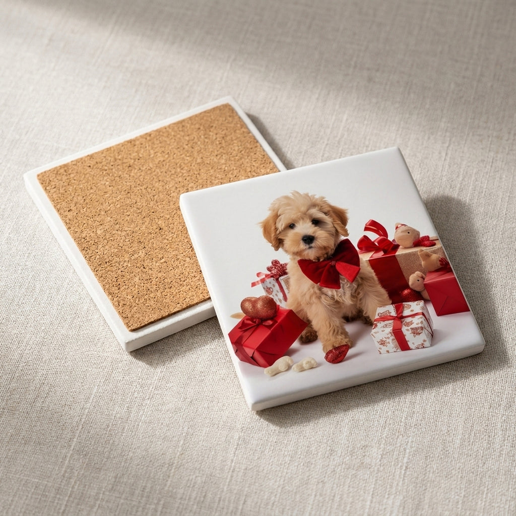 Russian Toy Puppy ceramic coasters set of 4, cork back