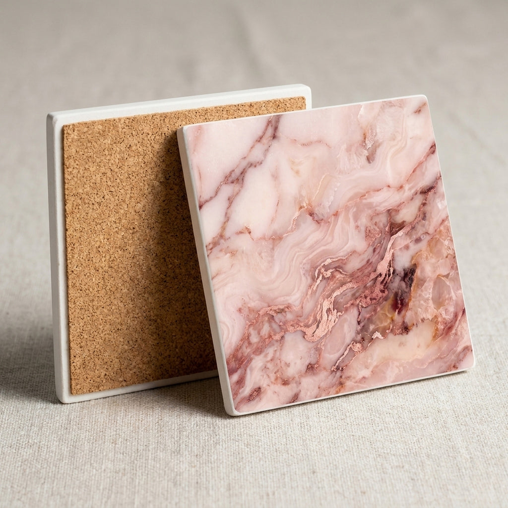 Blush Pink Marble ceramic coasters set of 4, cork back