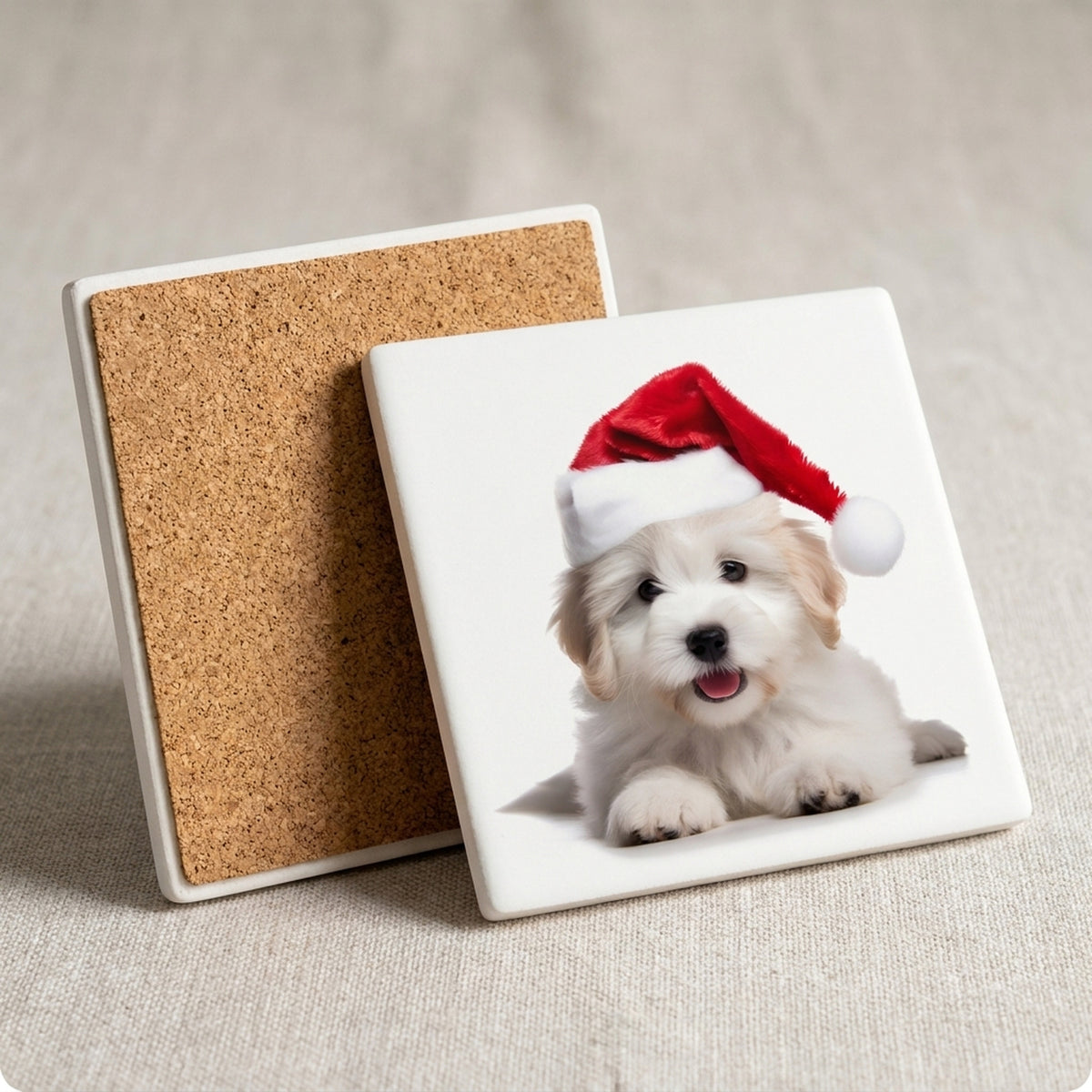 Coton de Tulear Puppy ceramic coasters set of 4, cork back