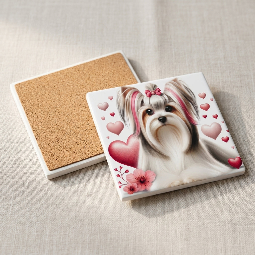 Biewer Terrier ceramic coasters set of 4, cork back