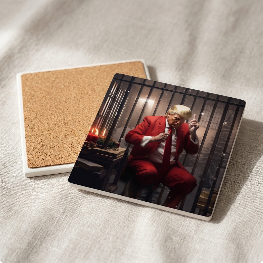 Red Cellblock Santa ceramic coasters set of 4, cork back