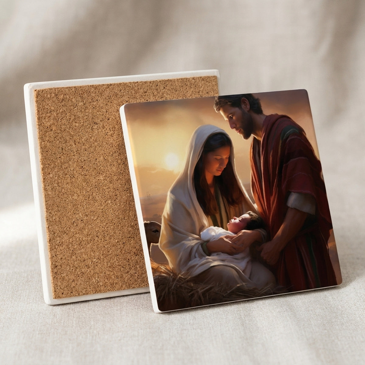 Warm Sunset Nativity ceramic coasters set of 4, cork back