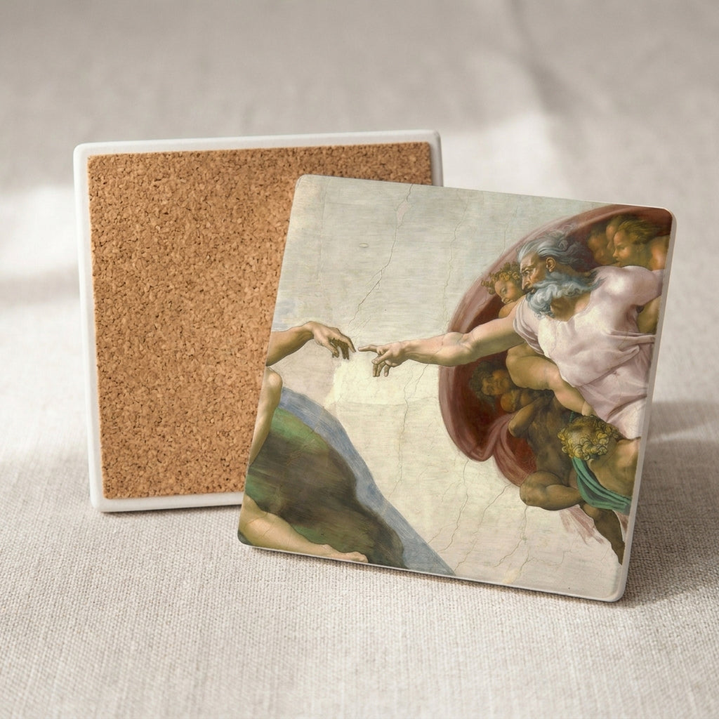 Creation Of Adam ceramic coasters set of 4, cork back