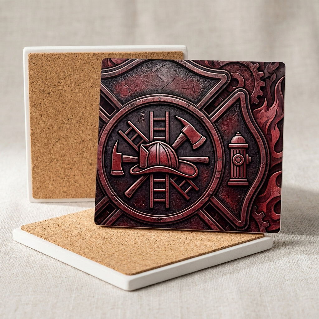 Firefighter Maltese ceramic coasters set of 4, cork back