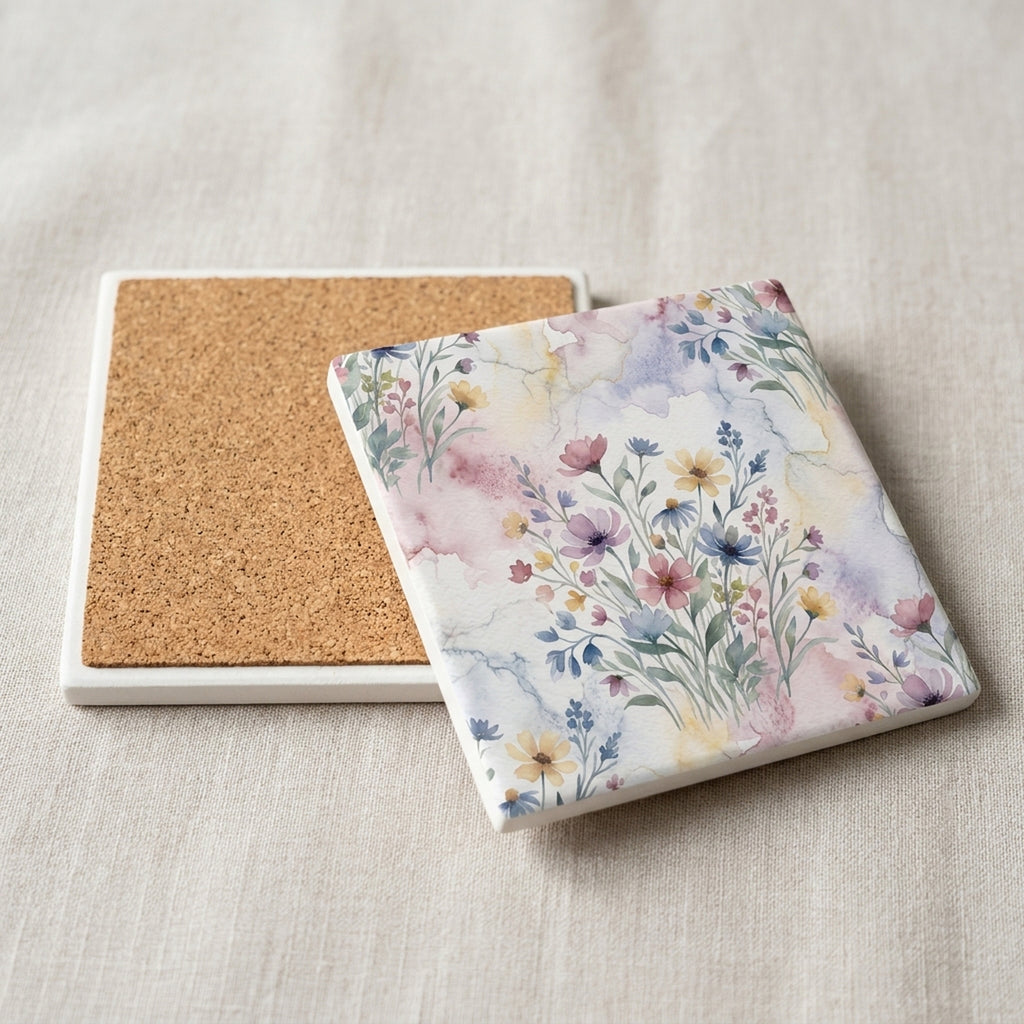 Wildflower Meadow ceramic coasters set of 4, cork back