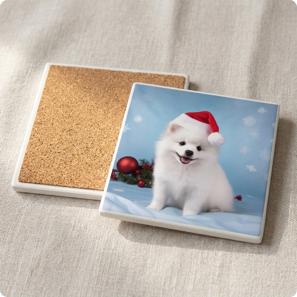 American Eskimo Dog Puppy ceramic coasters set of 4, cork back