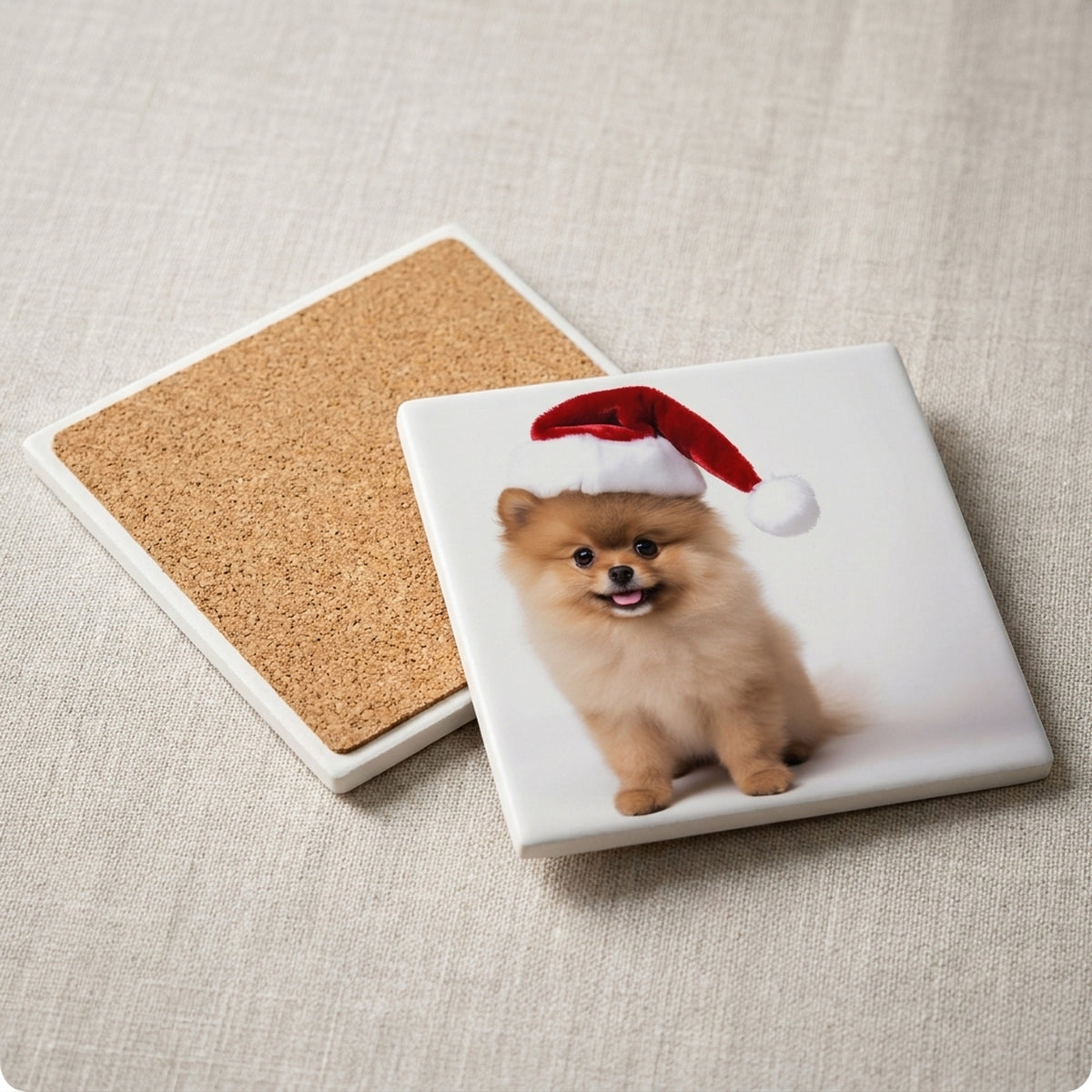 Pomeranian Puppy ceramic coasters set of 4, cork back