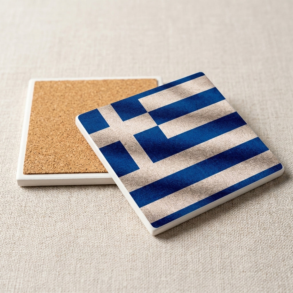 Greece Flag Pride ceramic coasters set of 4, cork back
