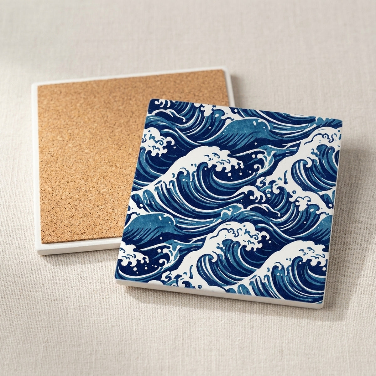 Ocean Waves ceramic coasters set of 4, cork back