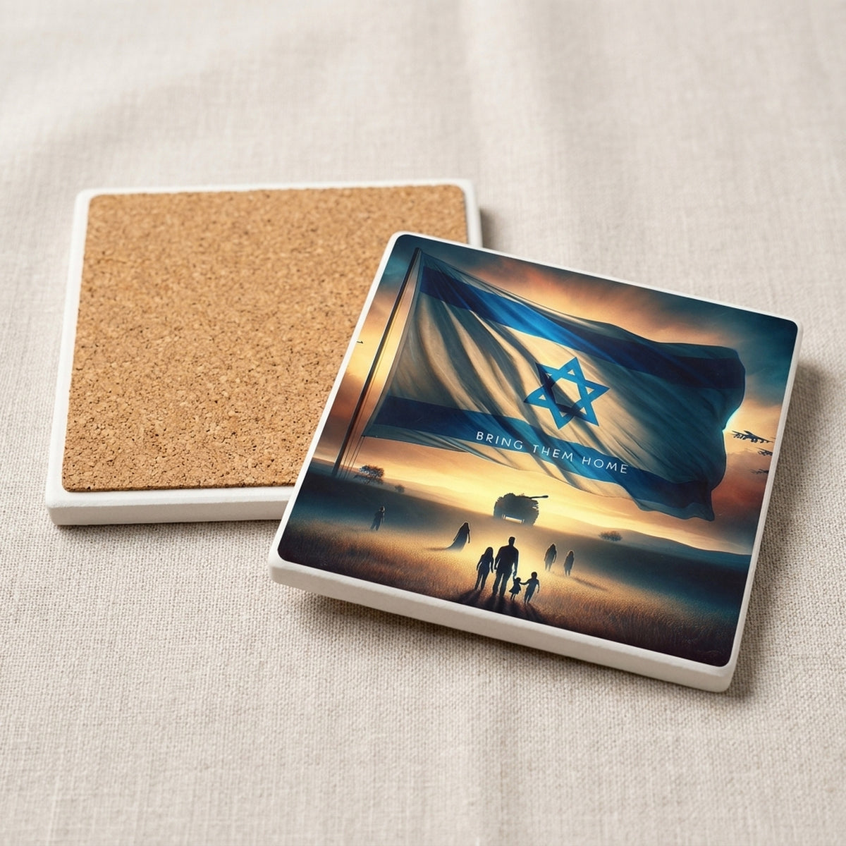 Israeli Flag Sunrise ceramic coasters set of 4, cork back