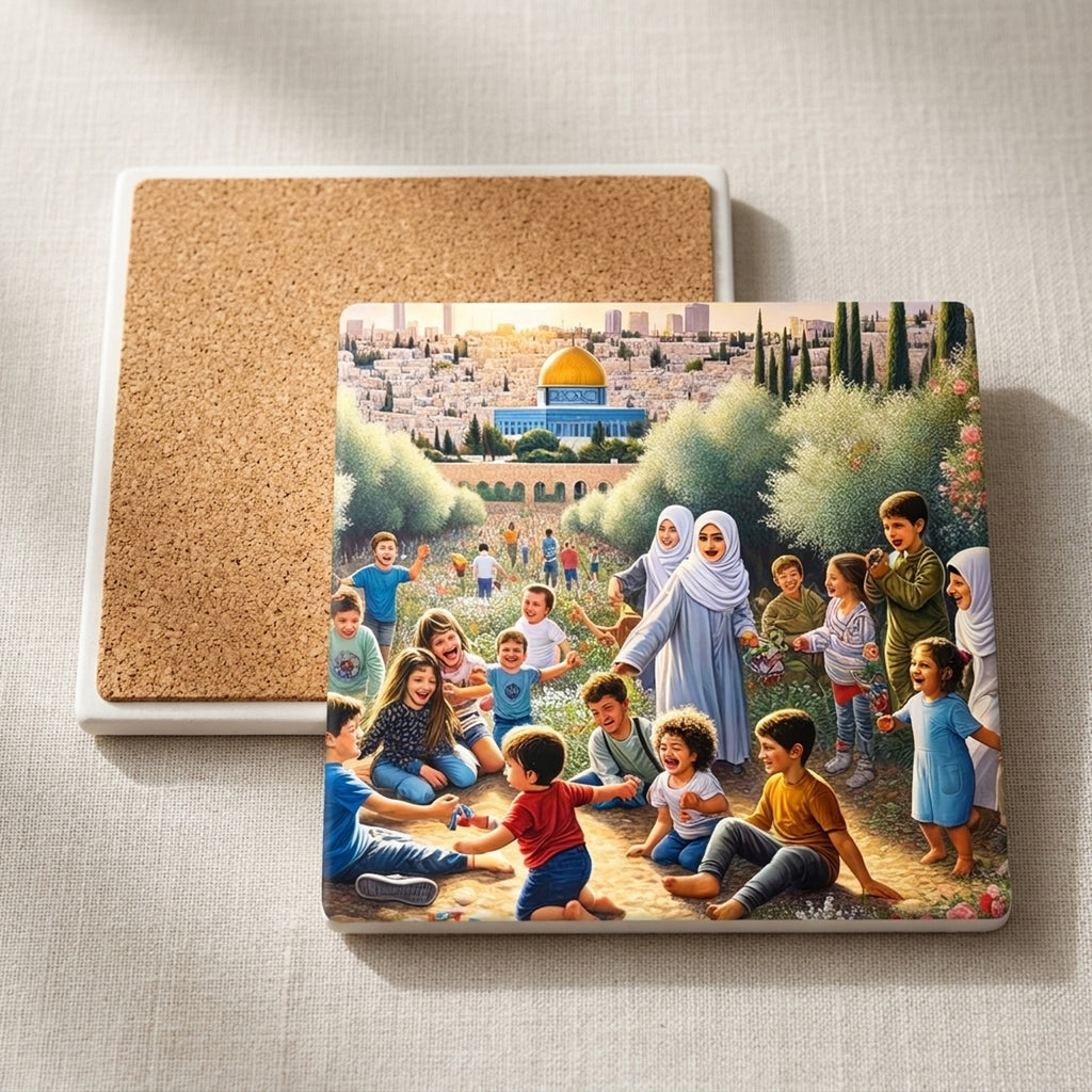 Jerusalem Peace Garden ceramic coasters set of 4, cork back